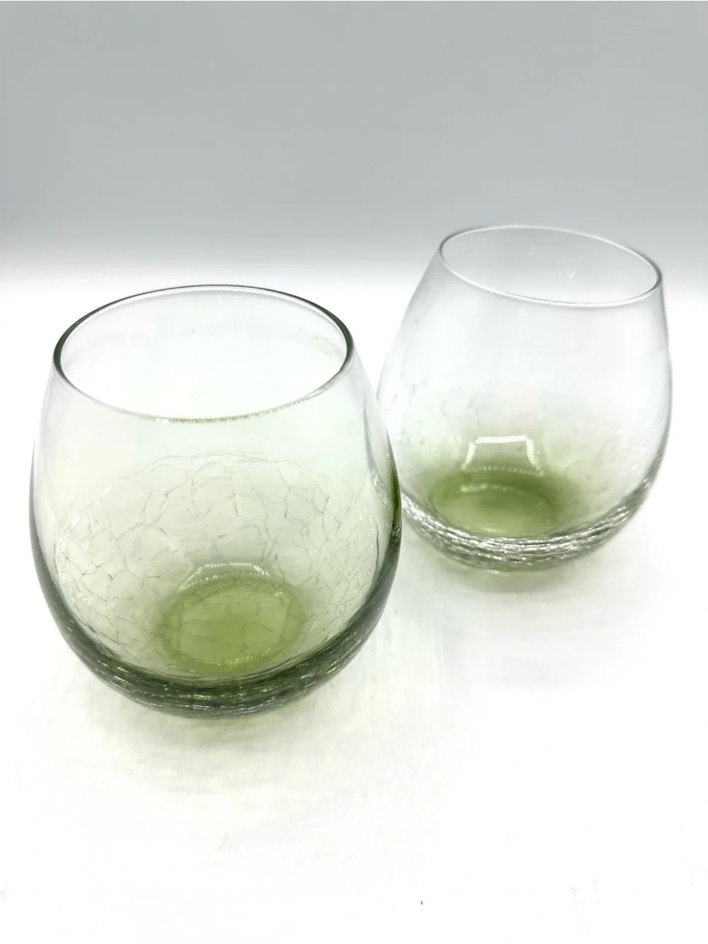 2- Pier 1 Crackle Stemless Wine Glasses, Green Ombre